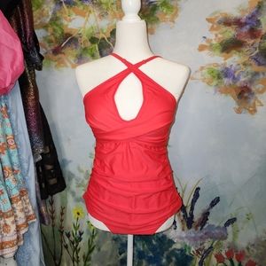 Two-Piece Coral Red KeyHole Cross Style Tankini